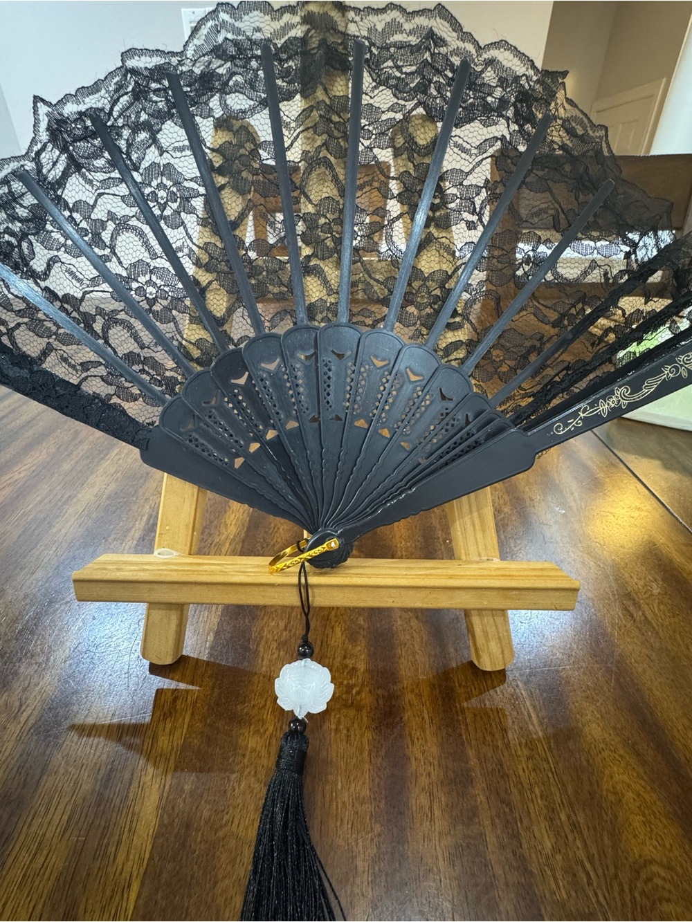 Black Lace Folding Hand Fan with Tassel - Elegant Home Accent